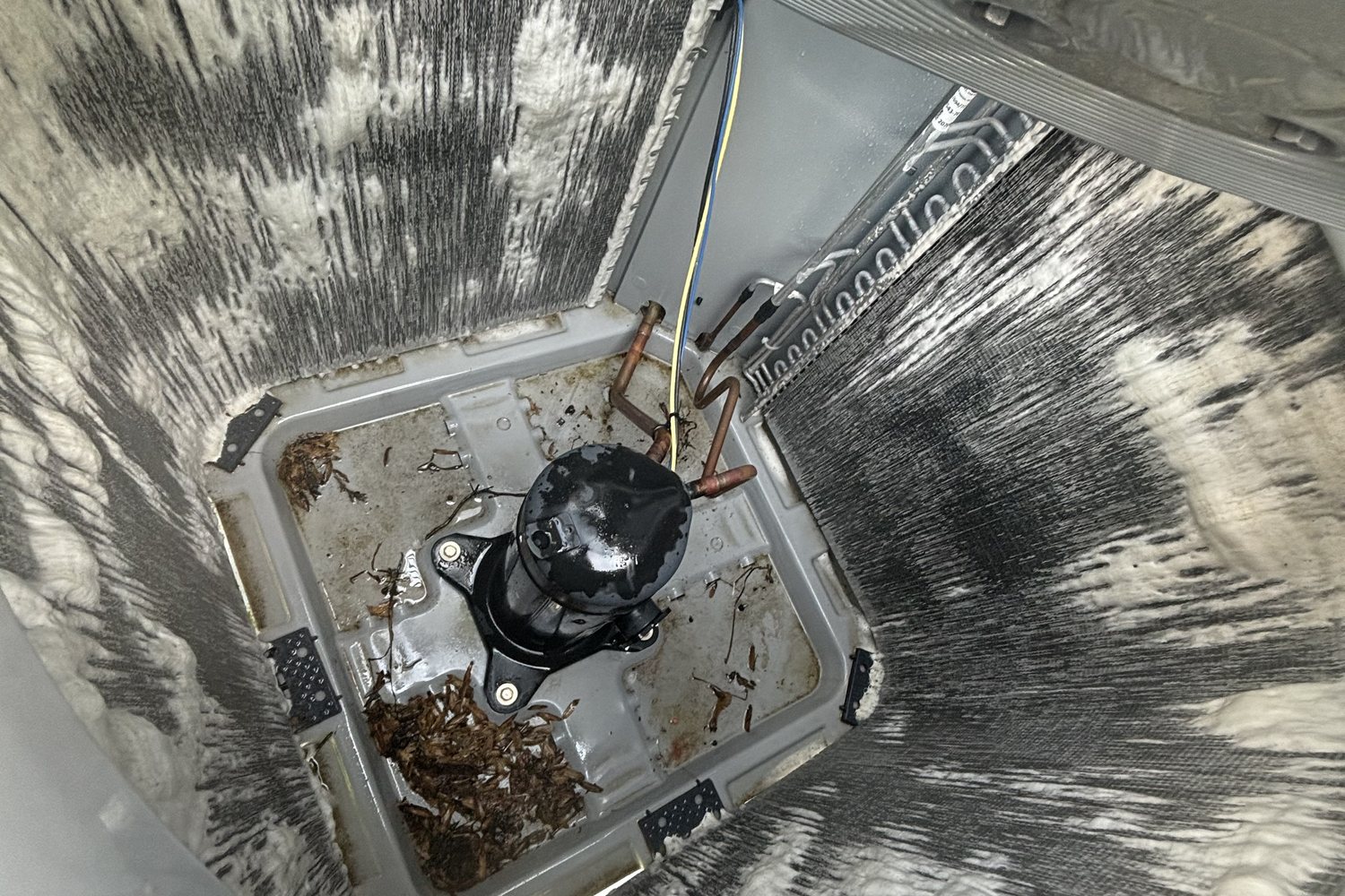 Inside of condenser cabinet during coil cleaning showing foam treatment