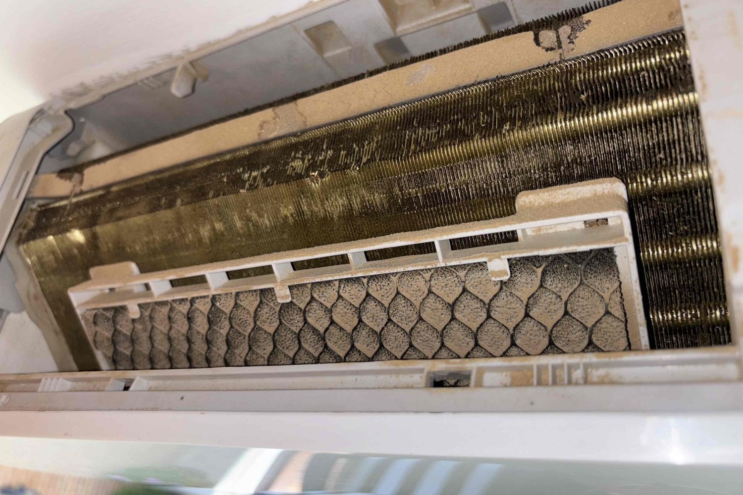 Mini-split indoor unit coil clogged with dust before cleaning