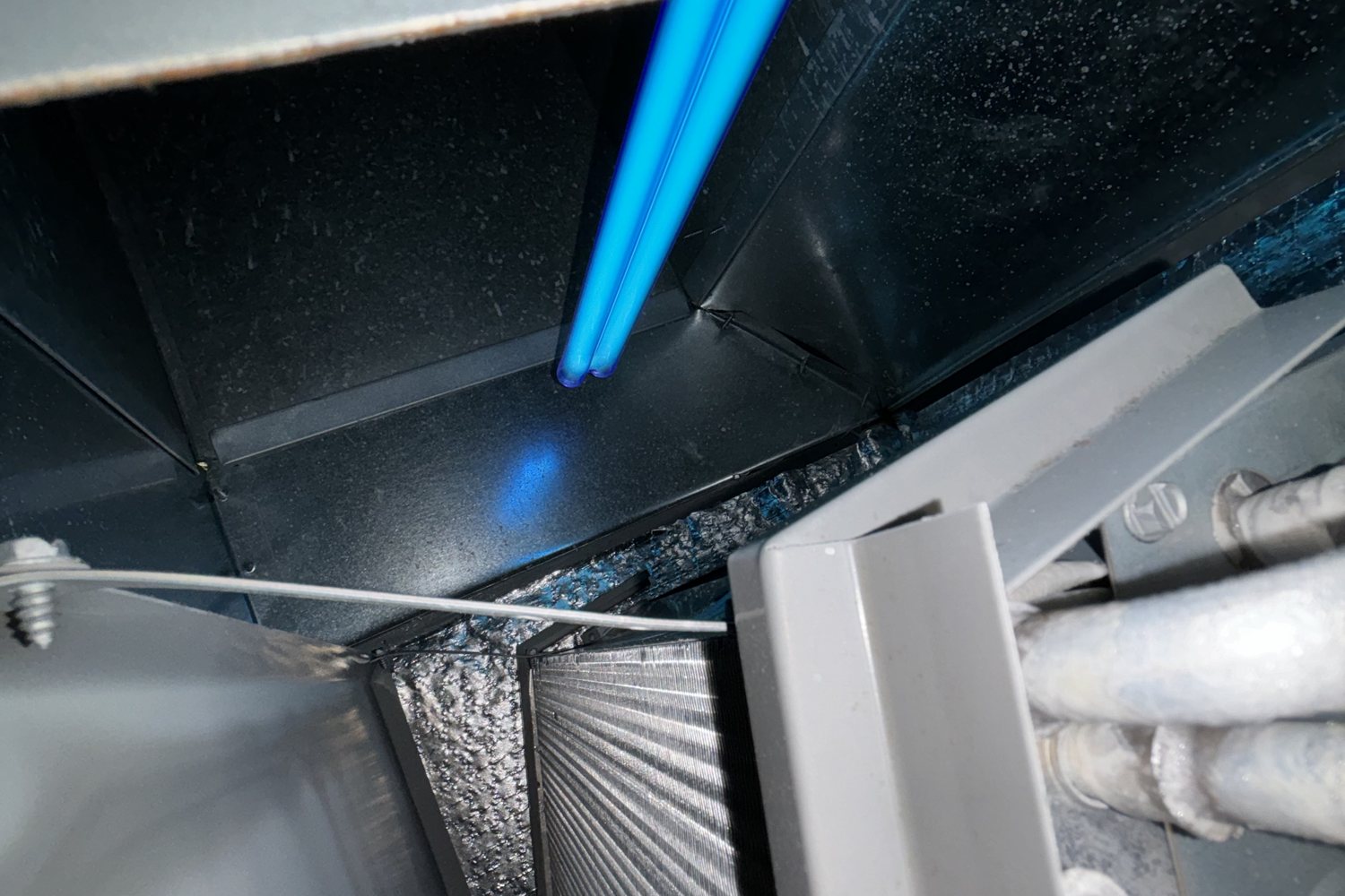 Blue germicidal UV light mounted in ductwork sterilizing passing air